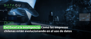 Pantalla con gráficos de datos y ciudad de fondo, representando la evolución de las empresas chilenas del uso de Excel a inteligencia de datos.