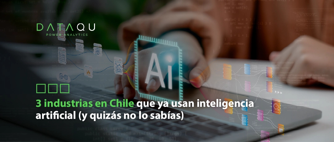 Mano sobre teclado con holograma de IA, representando el uso de inteligencia artificial en industrias chilenas.