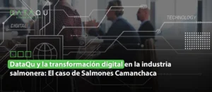 Reunión empresarial con gráficos digitales, representando la transformación digital en la industria salmonera con DataQu.